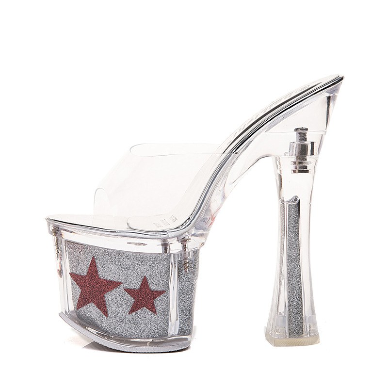 恨天高银色婚鞋粗跟防水台模特夜店演出鞋18cm/20公分超高跟凉鞋