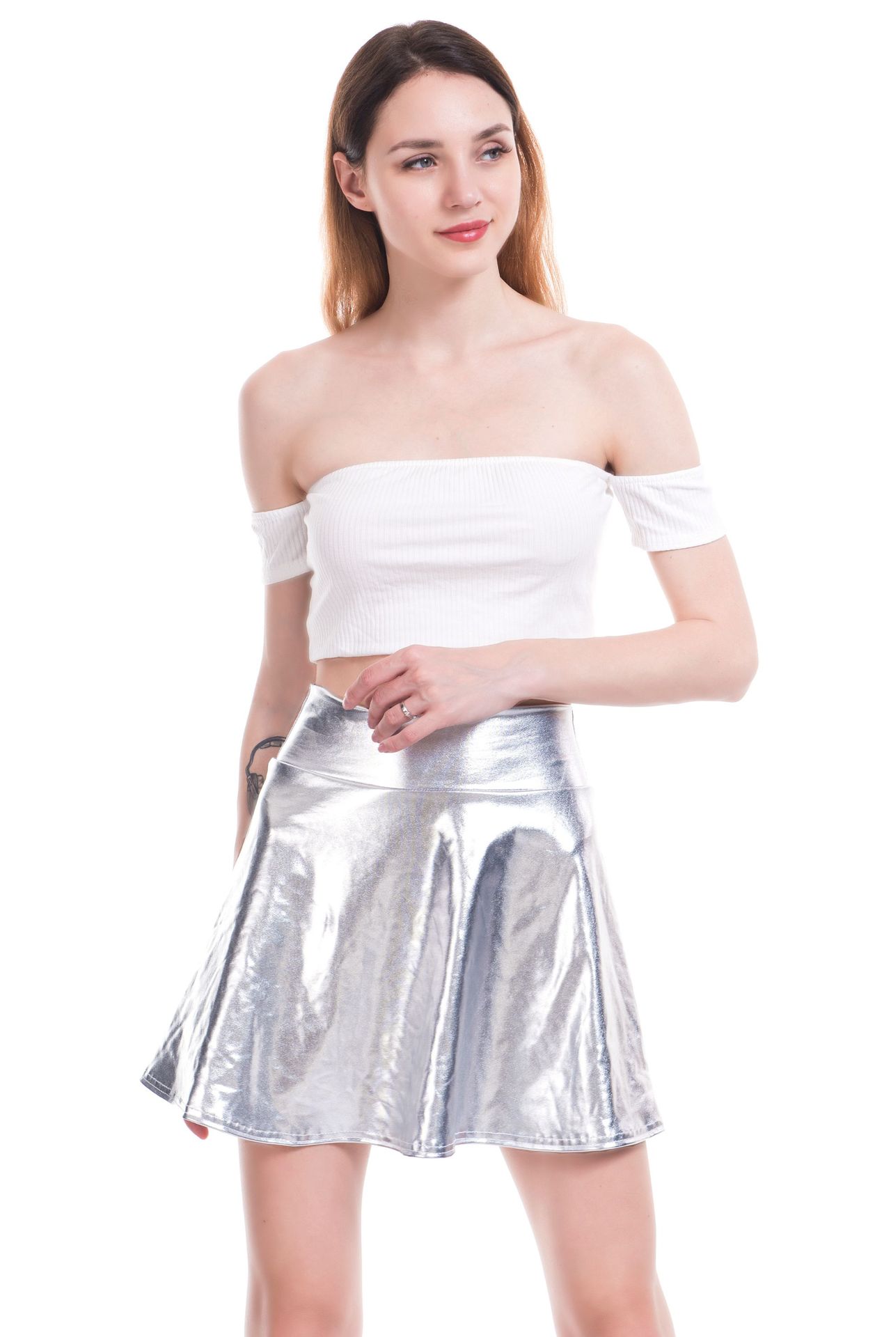 Cross-Border 2020 Popular Bright Leather Umbrella Skirt Stage Wear Colorful Shiny Pleated Women's Skirt A- line Umbrella Skirt