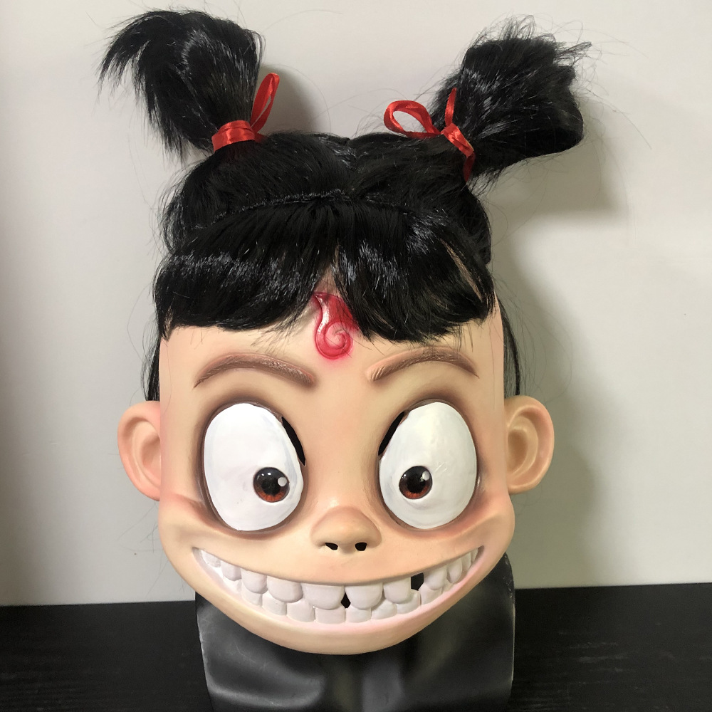哪吒面具头套cos魔童降世卡通乳胶万圣节可爱表演道具舞台搞笑