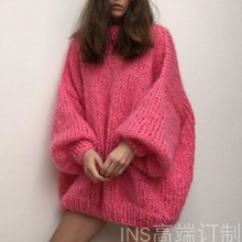 2024秋冬新款欧美风纯手工编织马海毛灯笼袖 套头毛衣女sweater