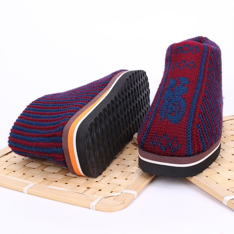 红色福字男士居家老人鸿运鞋中年大叔棉靴2019新毛线棉鞋批发厂商