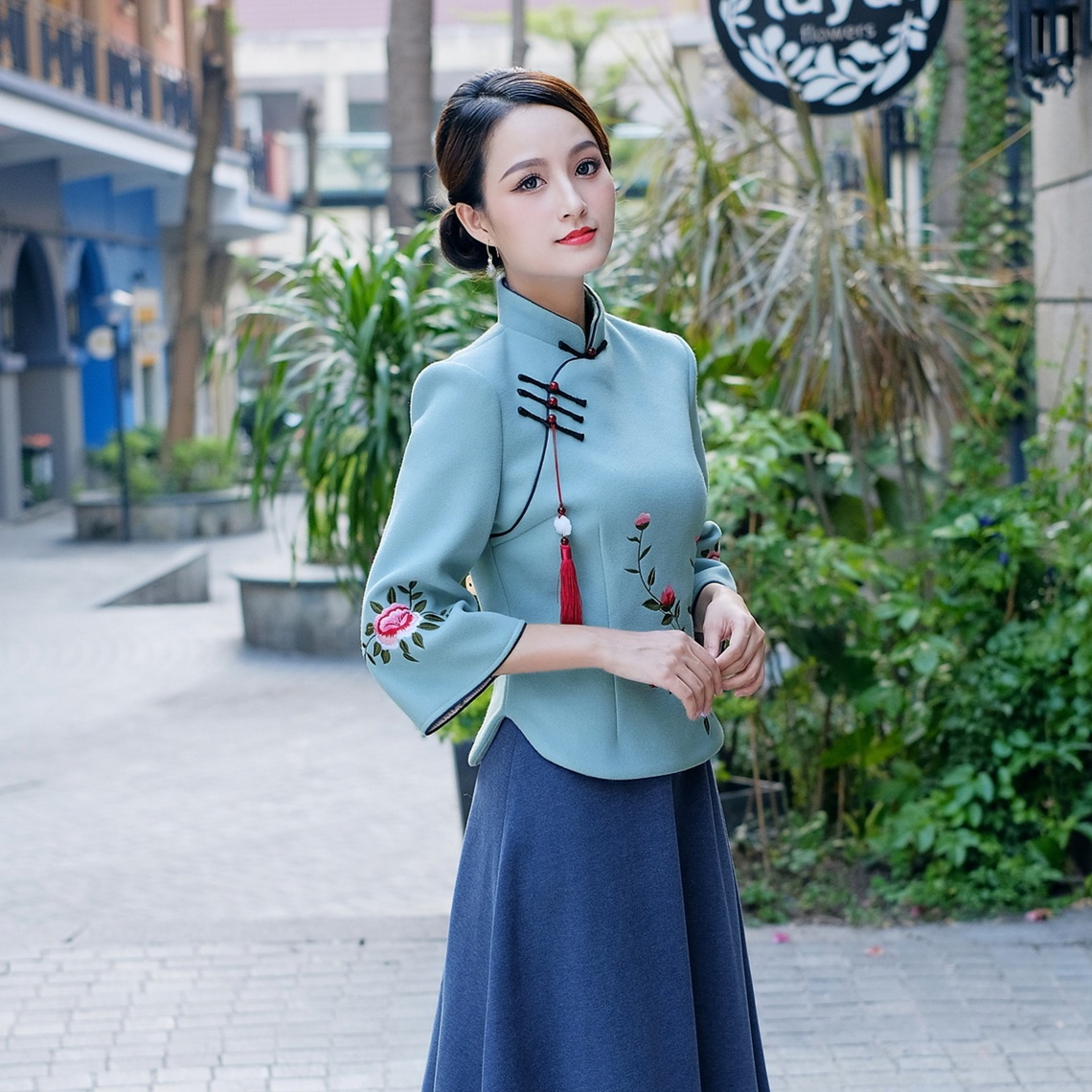 6033实拍原创2019新款复古小清新闺秀优雅秋冬毛呢旗袍套装两件套