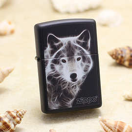 zippo打火机黑漆黑哑漆彩印狼电击狼动物系列28303