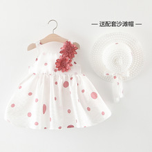 2020韩版童装女童夏装送草帽圆点两朵花连衣裙无袖儿童沙滩裙