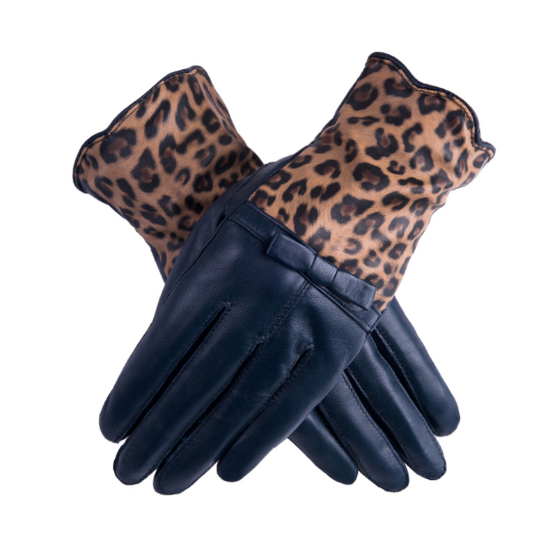 Leopard Print Genuine Leather Gloves for Women Windproof Coldproof Warm Sheepskin Gloves Cycling Velvet Lining Winter Gloves Wholesale