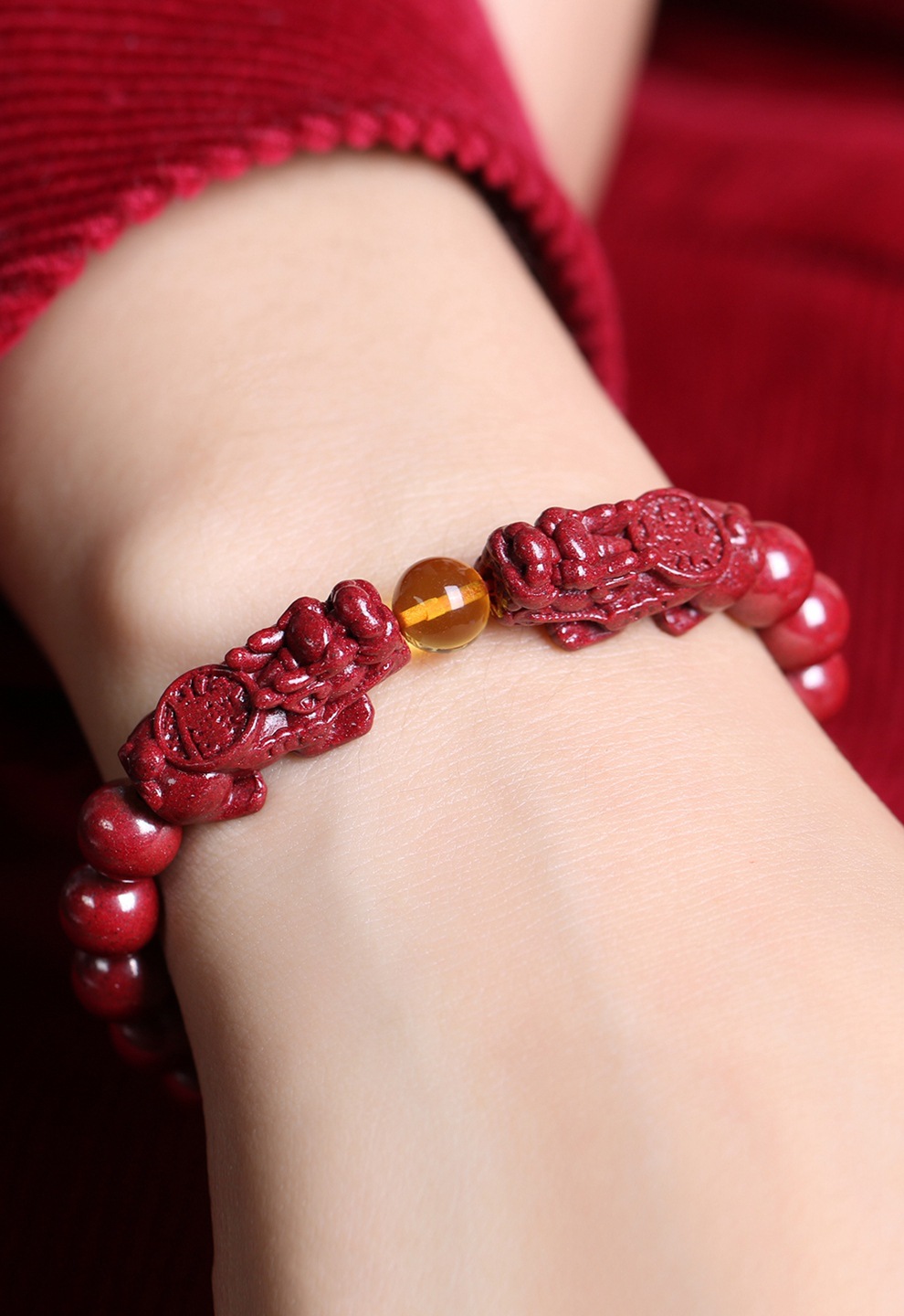 辰世朱砂双貔貅手链男女招财金珀圆佛珠手饰品本命年红色转运手串