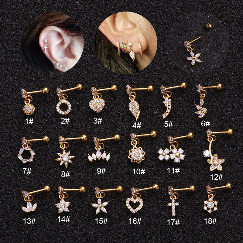 aliexpress hot sale puncture new micro zircon-encrusted stud earrings stainless steel ear bone earrings european and american foreign trade body ornament