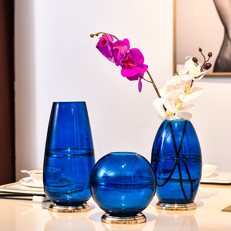 创意家居蓝色透明玻璃花瓶餐桌个性玻璃摆件桌面水养插花花瓶