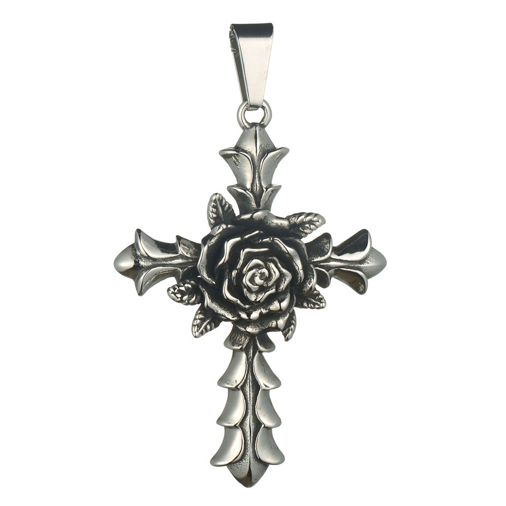 热销新款女士不锈钢项链复古古银玫瑰花十字架吊坠项链万圣节饰品