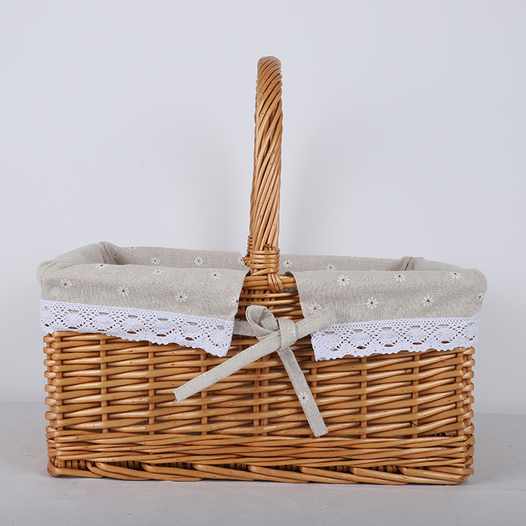 Square with Handle Hand Strap Lining Whole Willow Picnic Basket Outdoor Fruit and Vegetable Picnic Basket Factory Supplier Rattan Basket