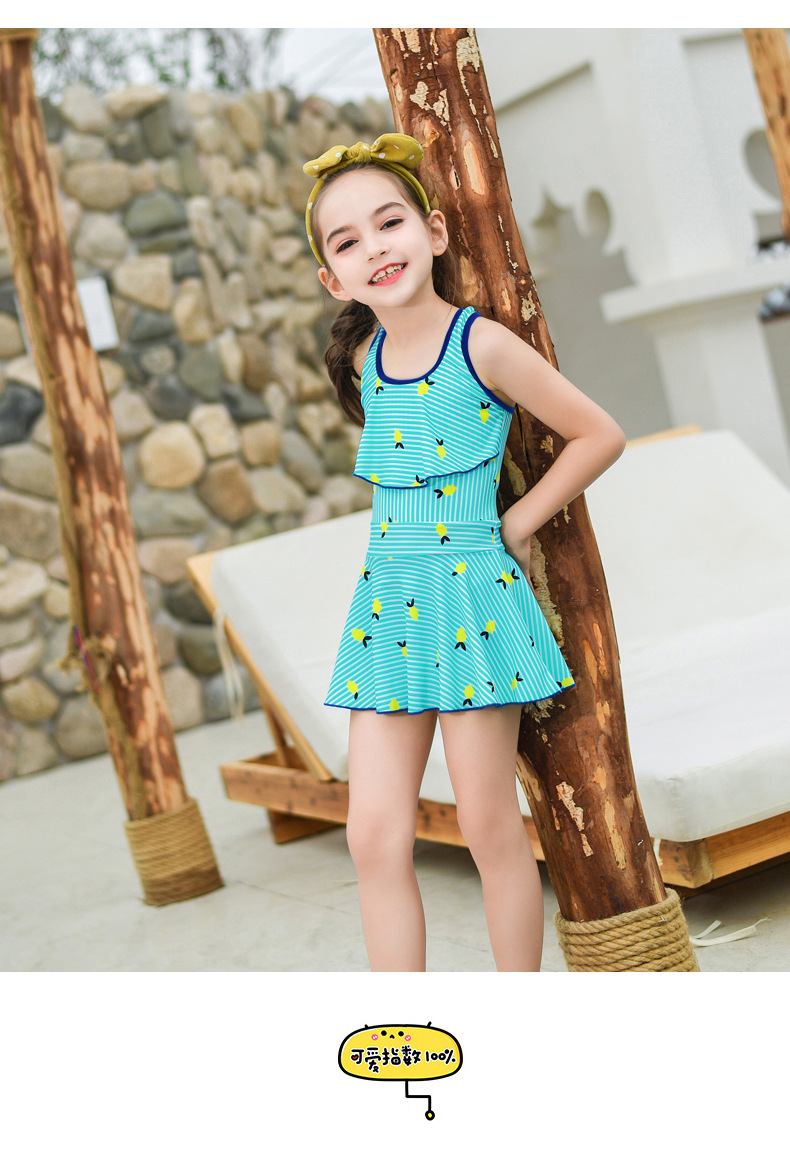 19新款大童女孩小清新泳装吊带遮肩海军风学生温泉连体游泳衣套装