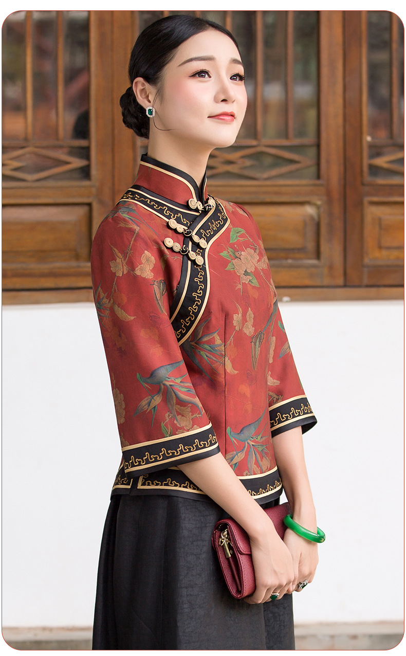 厂家直销真丝香云纱中式大包边绣花葫芦盘扣旗袍上衣2019唐装女秋