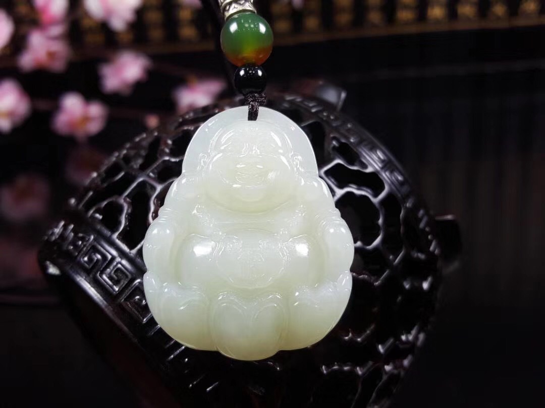 和田玉弥勒佛女士吊坠白玉大肚佛笑佛玉石菩萨玉挂件送证书