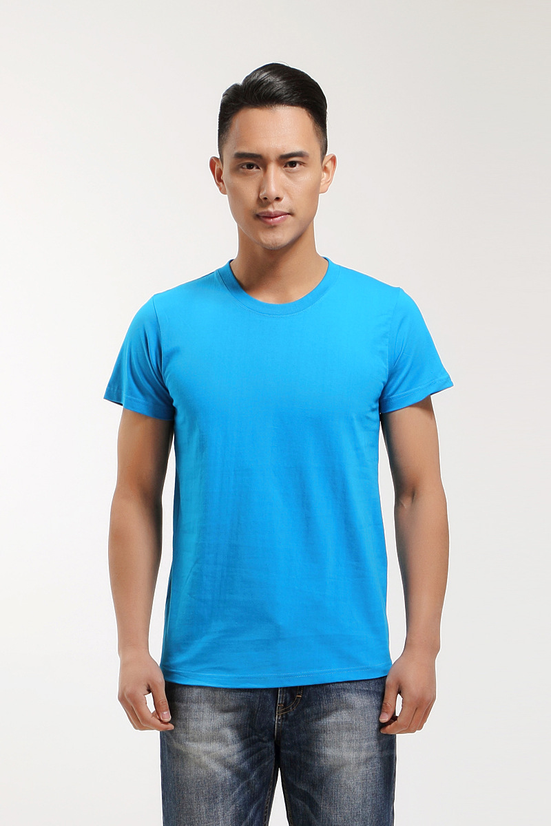 短袖t恤男纯棉圆领半袖湖蓝色纯色定做ogo广告文化班服活动衫批发