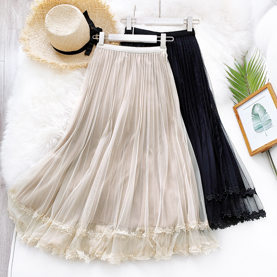 重工刺绣钉珠蕾丝花边半身裙2020春夏新款网纱裙显高显瘦a字长裙