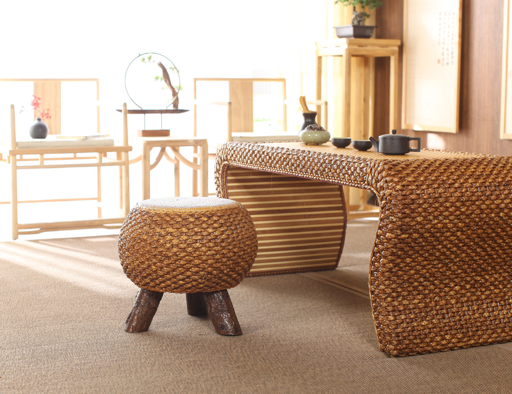 简约草编藤编茶几三腿水仙草坐墩/蒲团组合榻榻米茶桌飘窗桌