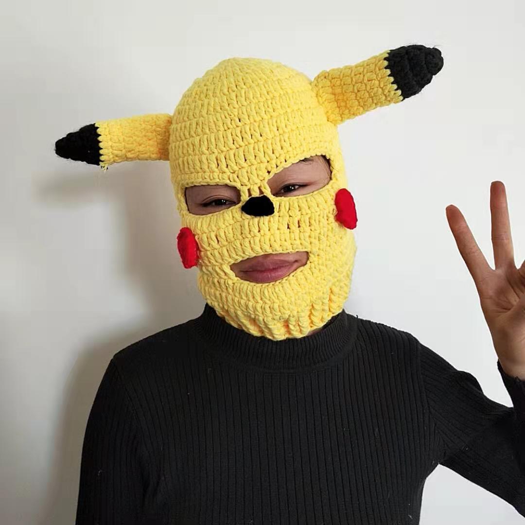 可爱皮卡丘个性搞怪手工编织毛线帽子 沙雕帽 男女抖音搞笑头套
