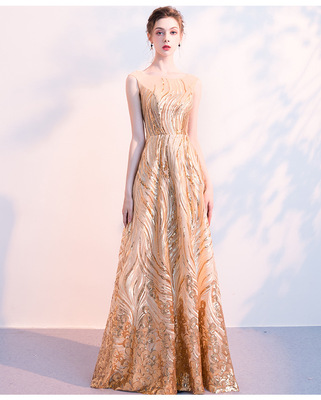 金色晚礼服女2019新款宴会高贵优雅长款显瘦亮片年会主持人连衣裙