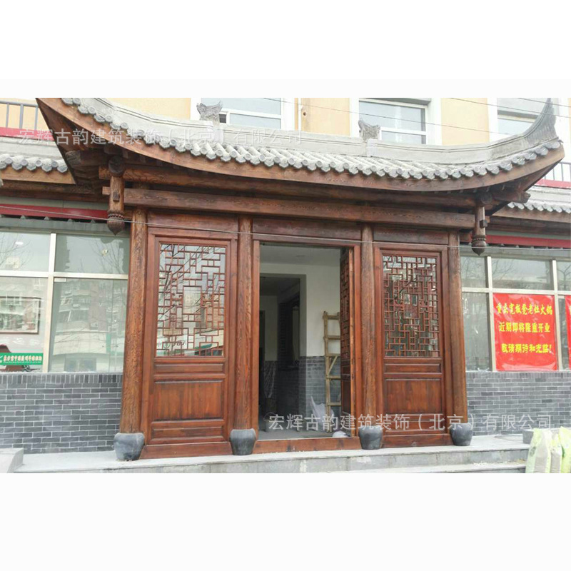 仿古门楼门窗定制 古典实木门楼装修 室外中式花格门头古建厂家