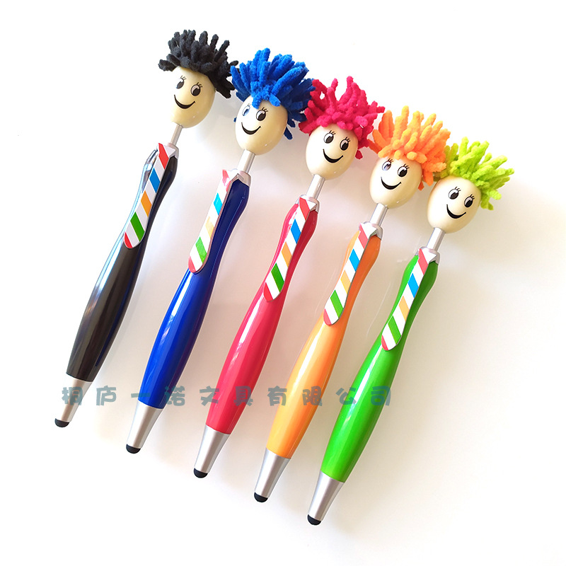 Supply Doll Head Plush Cartoon Hair Mop Head Smiley Face Expression Portrait Furry Head Touch Screen Cleaner Ballpoint Pen