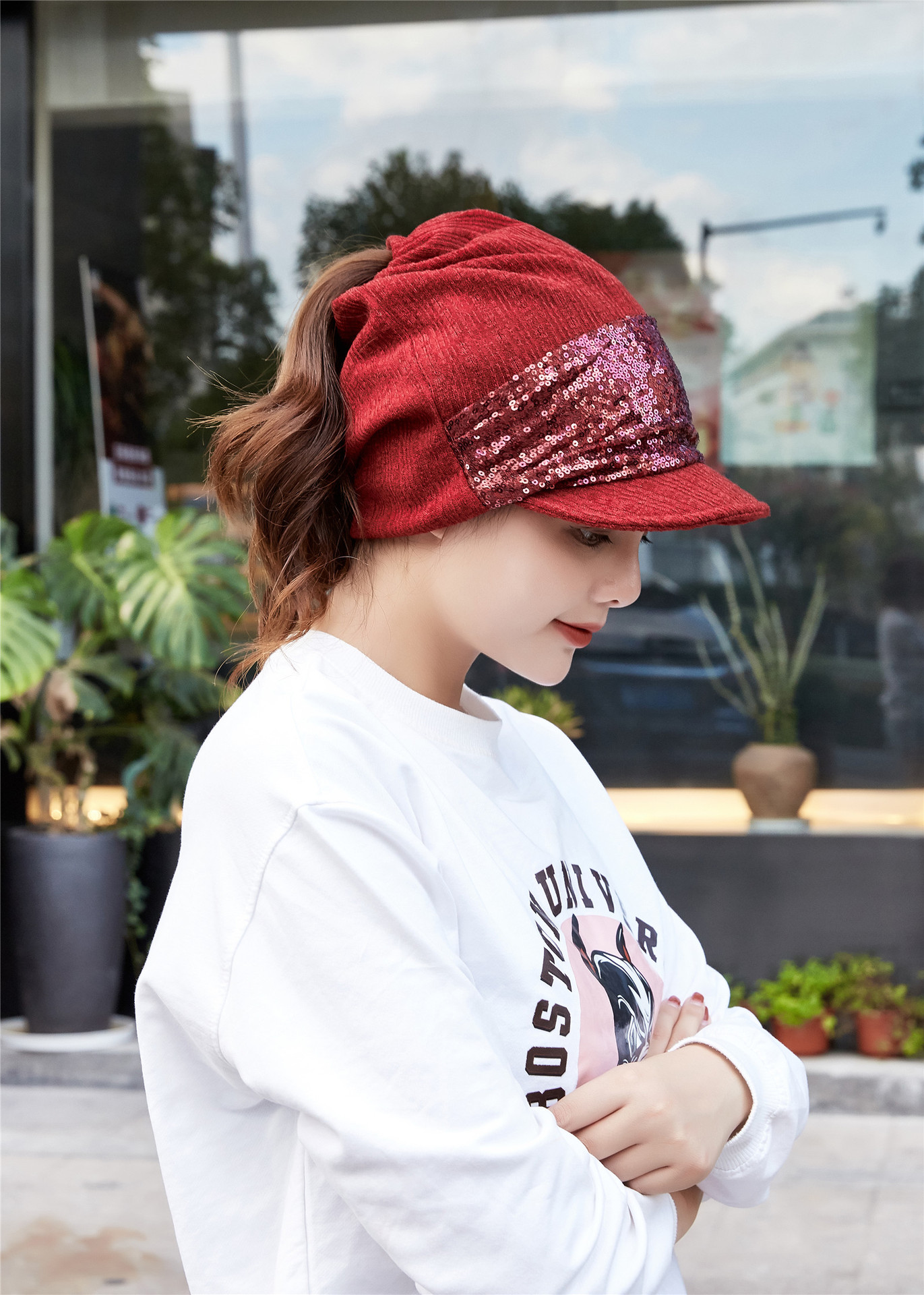 跨境外贸新款秋冬季百搭亮片马尾套头帽防风亚马逊包头帽鸭舌帽