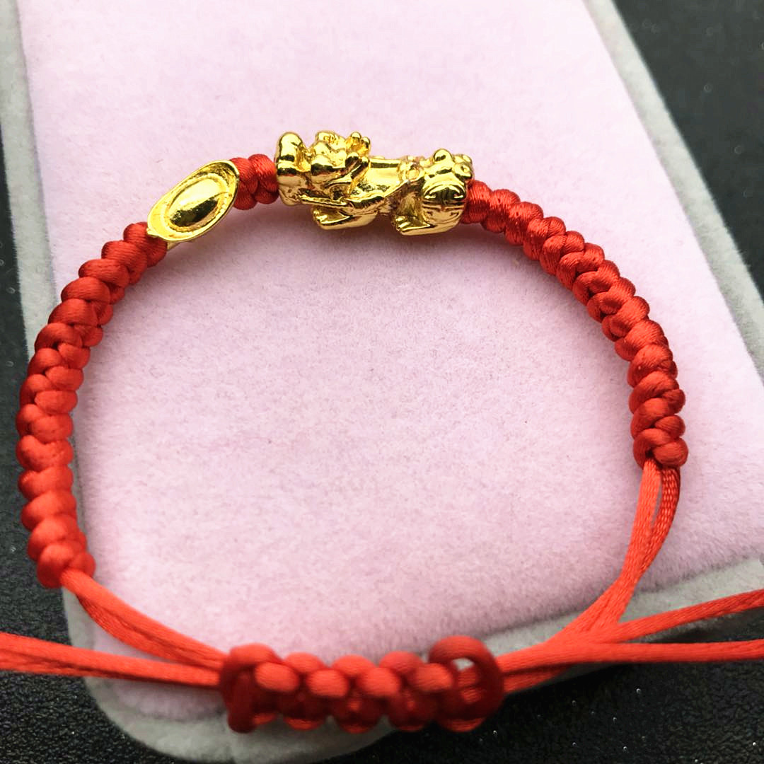 本命年编织红绳手链 红绳编织保色镀金貔貅串元宝手链民族风