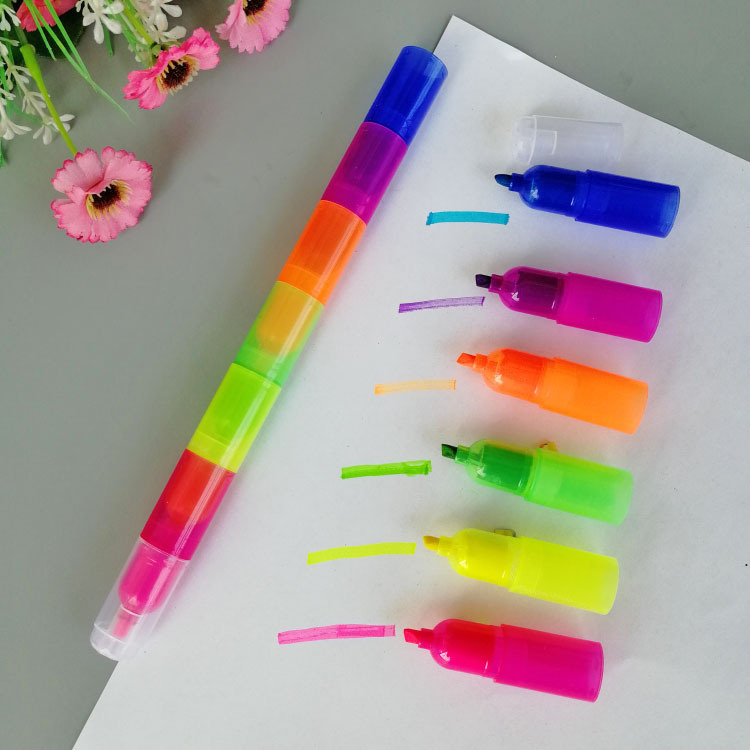 彩色重点划线记号银光笔六色6节荧光笔定制l连体多节标记笔可拆装