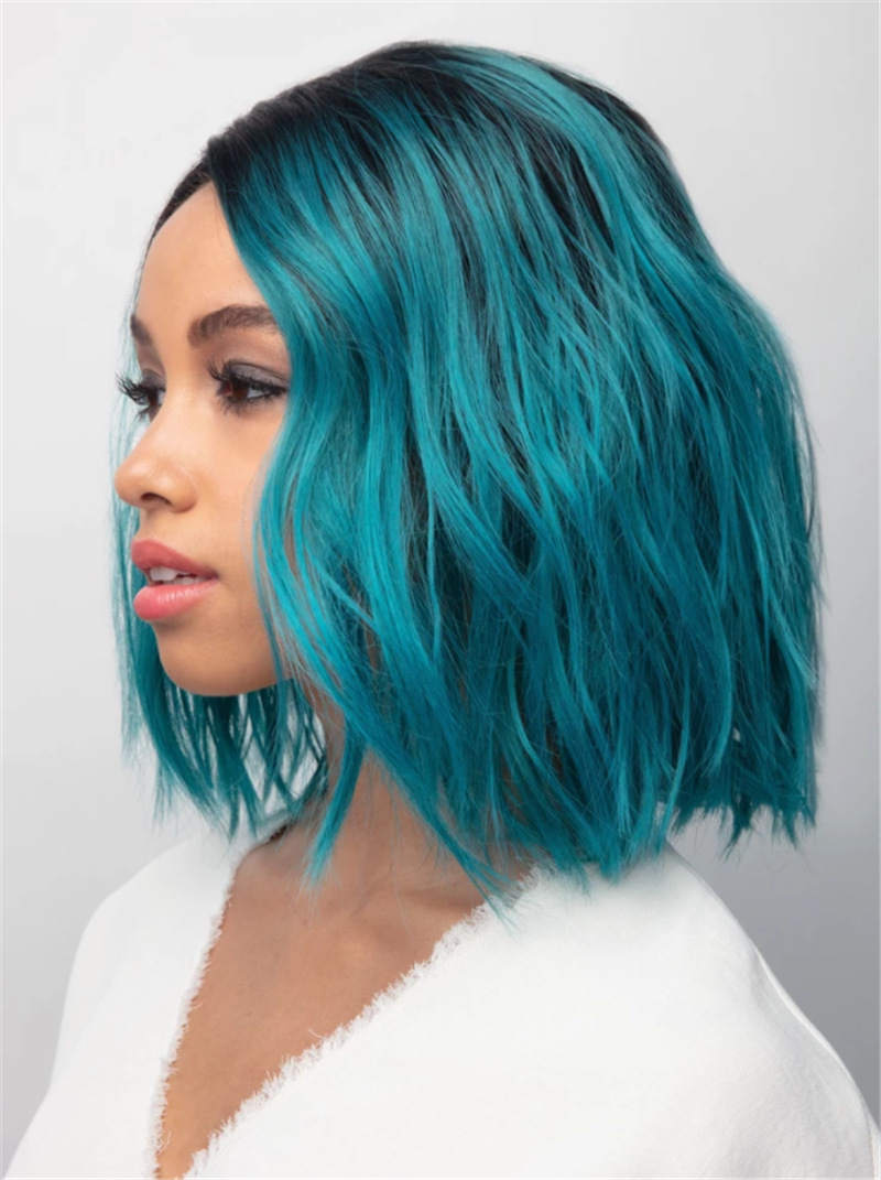 欧美新款假发短卷发黑蓝色渐变中分刘海长发修脸时尚女士假发头套