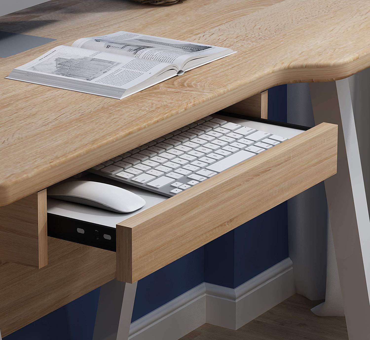 橡木色电脑桌家庭办公桌带键盘托盘