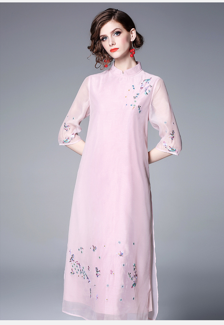 复古中国风改良旗袍2019春夏新款欧根纱刺绣连衣裙宽松大码a字裙