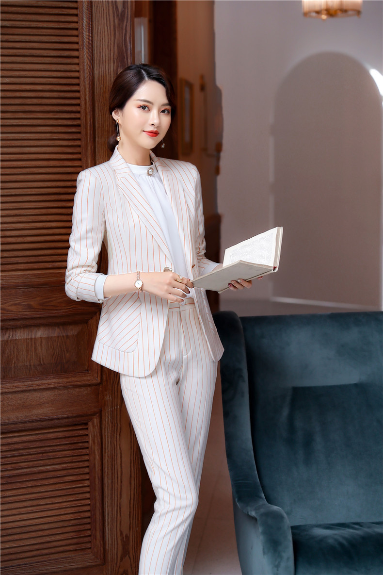 条纹西装套装女2019春秋新款时尚气质小香风职业装正装空姐工作服