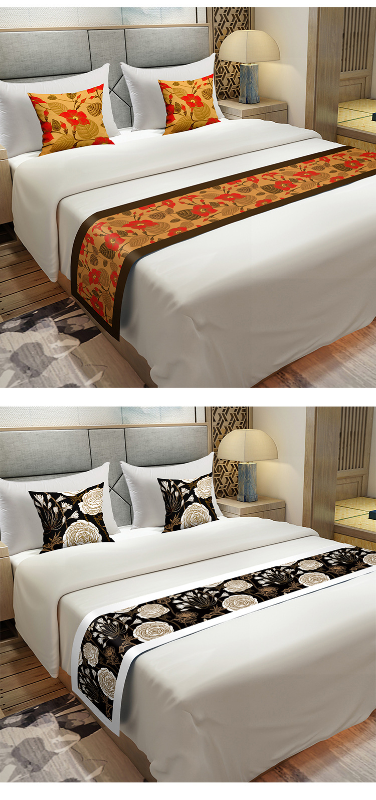 跨境创意千鹤鲜花日系床尾巾床旗酒店宾馆床上用品定制厂家直销