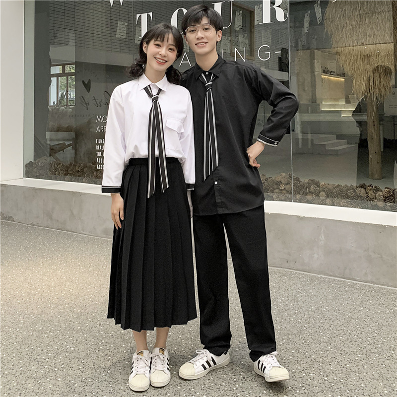 春季新款男女黑白衬衫套装初高中班服校服演出服韩版宽松休闲套装