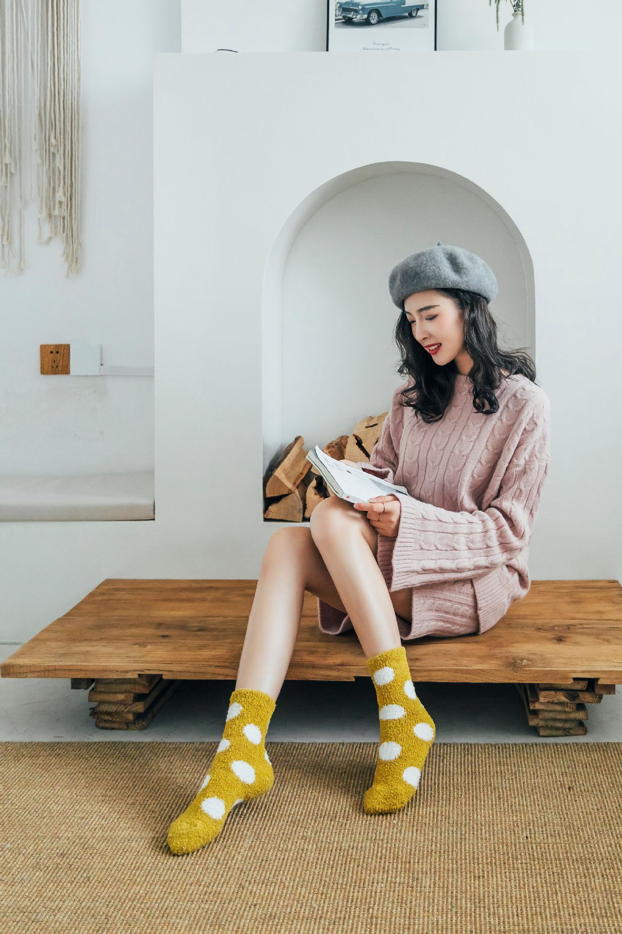 uncle wennie加厚保暖女袜子大波点圆点珊瑚绒半边绒地板袜睡眠袜