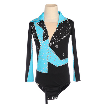 定制儿童成人花样滑冰服男童表演服装比赛考级连体衣拼色烫钻08