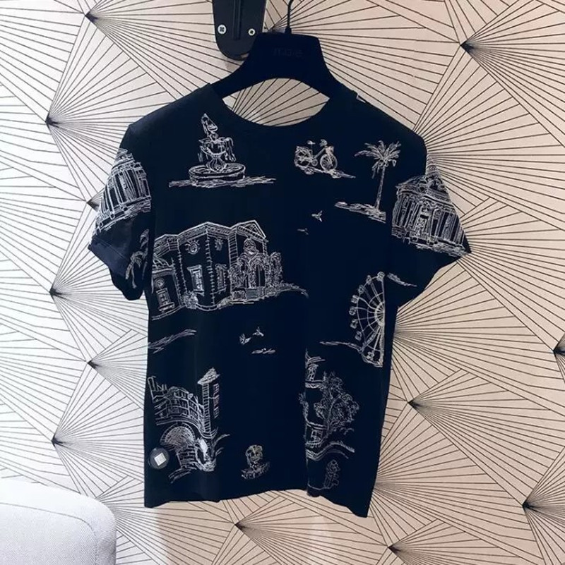 法单2019春夏新品 水墨刺绣圆领撞色短袖淑女t恤tou