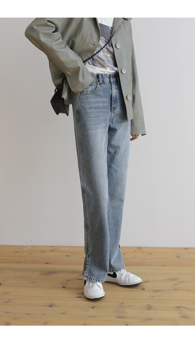 2019韩国秋冬新款设计感侧边开衩牛仔裤 纯色修身高腰直筒裤 女