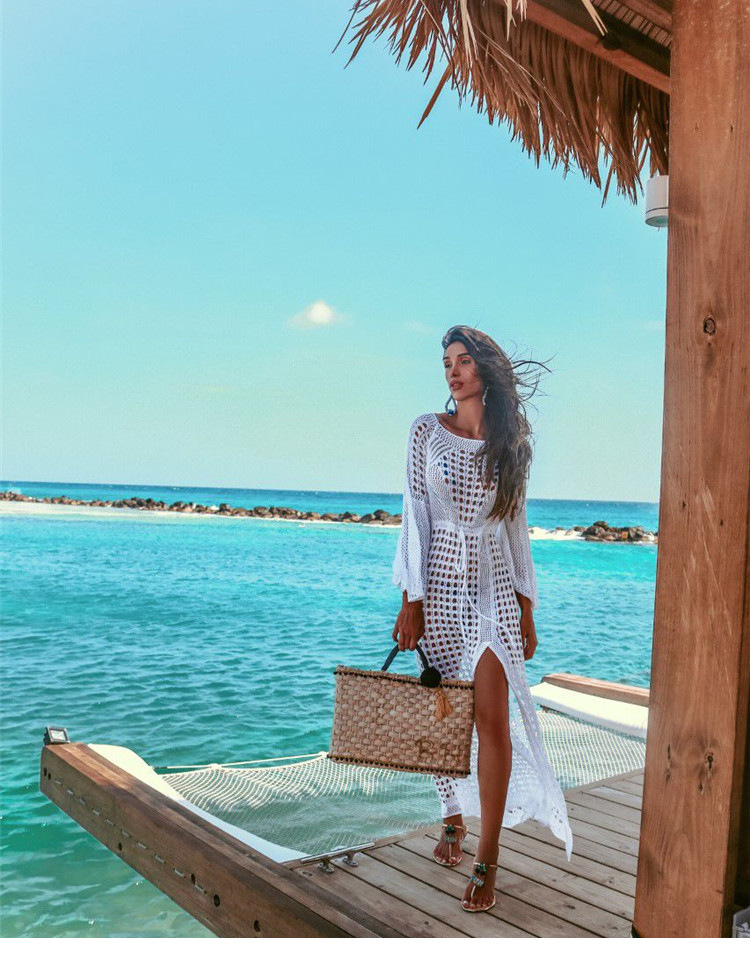 欧美海边度假比基尼针织喇叭袖沙滩裙镂空开叉长裙泳衣罩衫1949