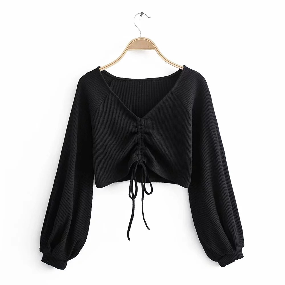 v领抽绳系带短款上衣2019新款灯笼袖t恤u1937