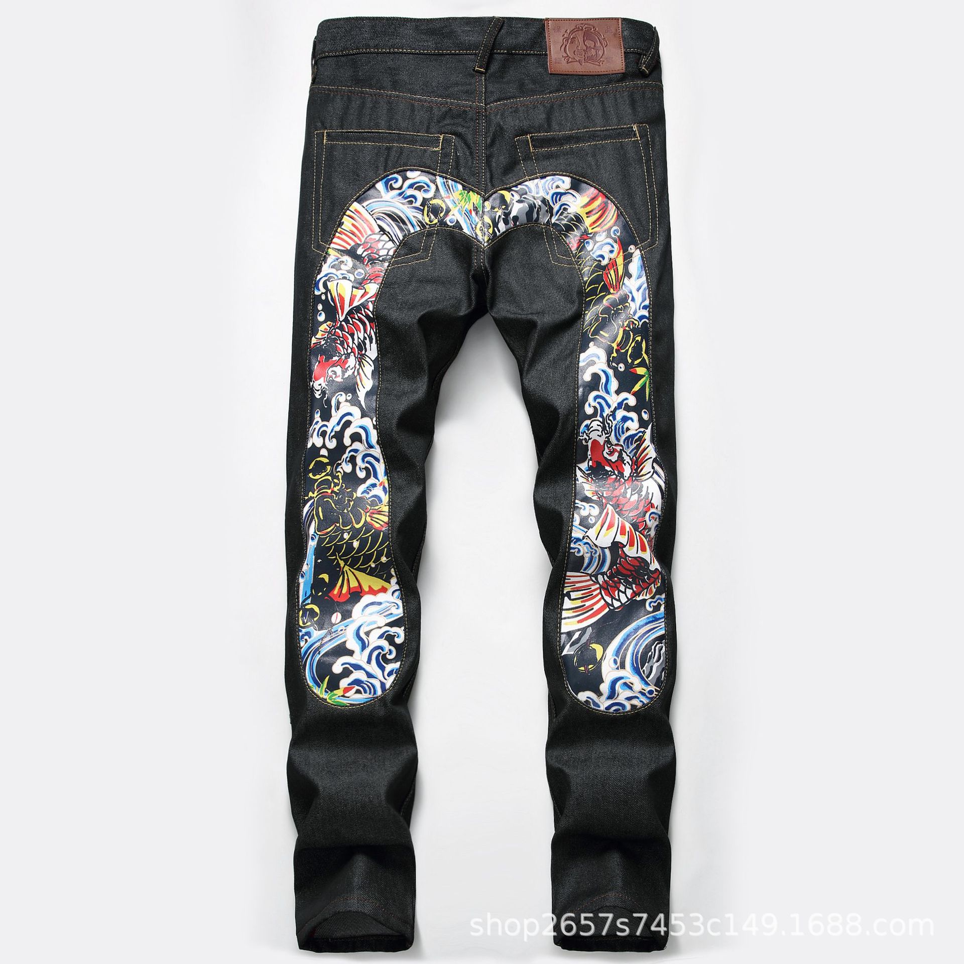 冠希福神牛仔裤男女同款锦鲤原浆个性大m印花修身直筒裤子潮