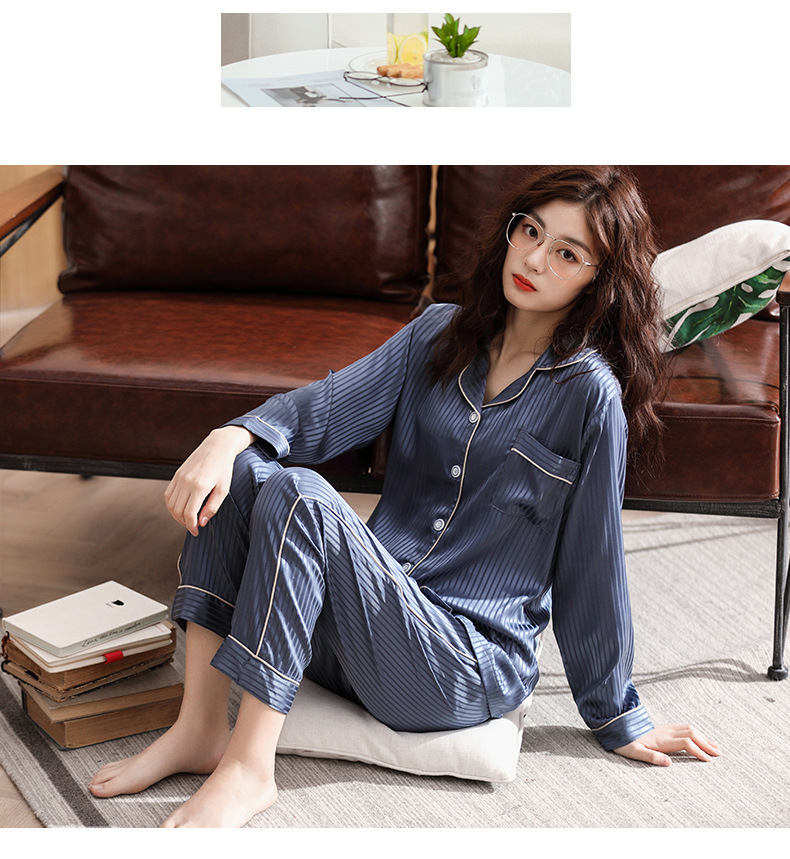 2019安得妮韩国情侣条纹睡衣春秋长袖套装真丝睡衣男女士冰丝睡衣