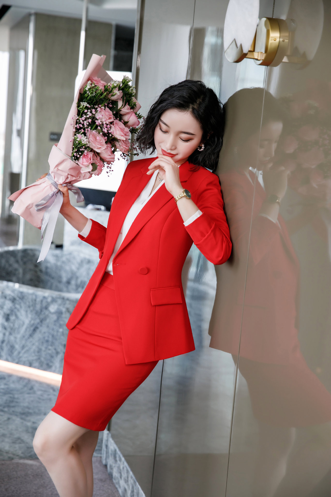 红色西服套装女2019秋冬ol职业装工作服晚会礼会主持人西装外套女