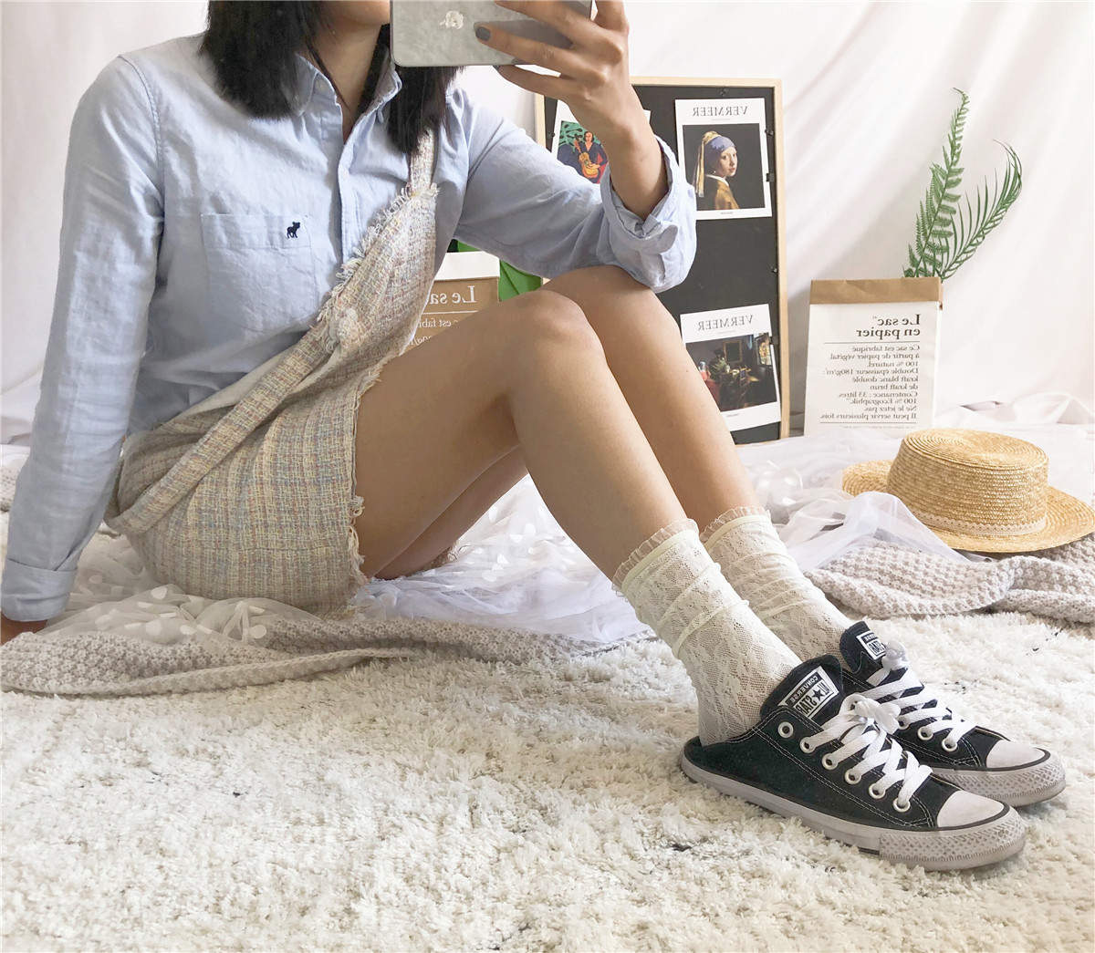 春夏新品蕾丝花边短袜中筒袜两穿小仙女搭配可爱萝莉花藤堆堆袜女