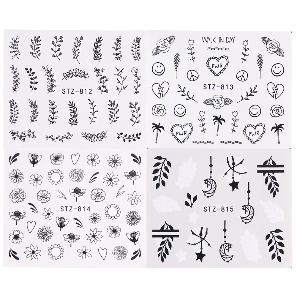 跨境货源美甲水印贴纸黑色花卉吊坠星星图案个性潮流指甲服帖直供