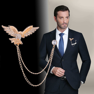 个性老鹰镶钻西服胸针男士高档流苏链条简约别针西装礼服胸花配饰