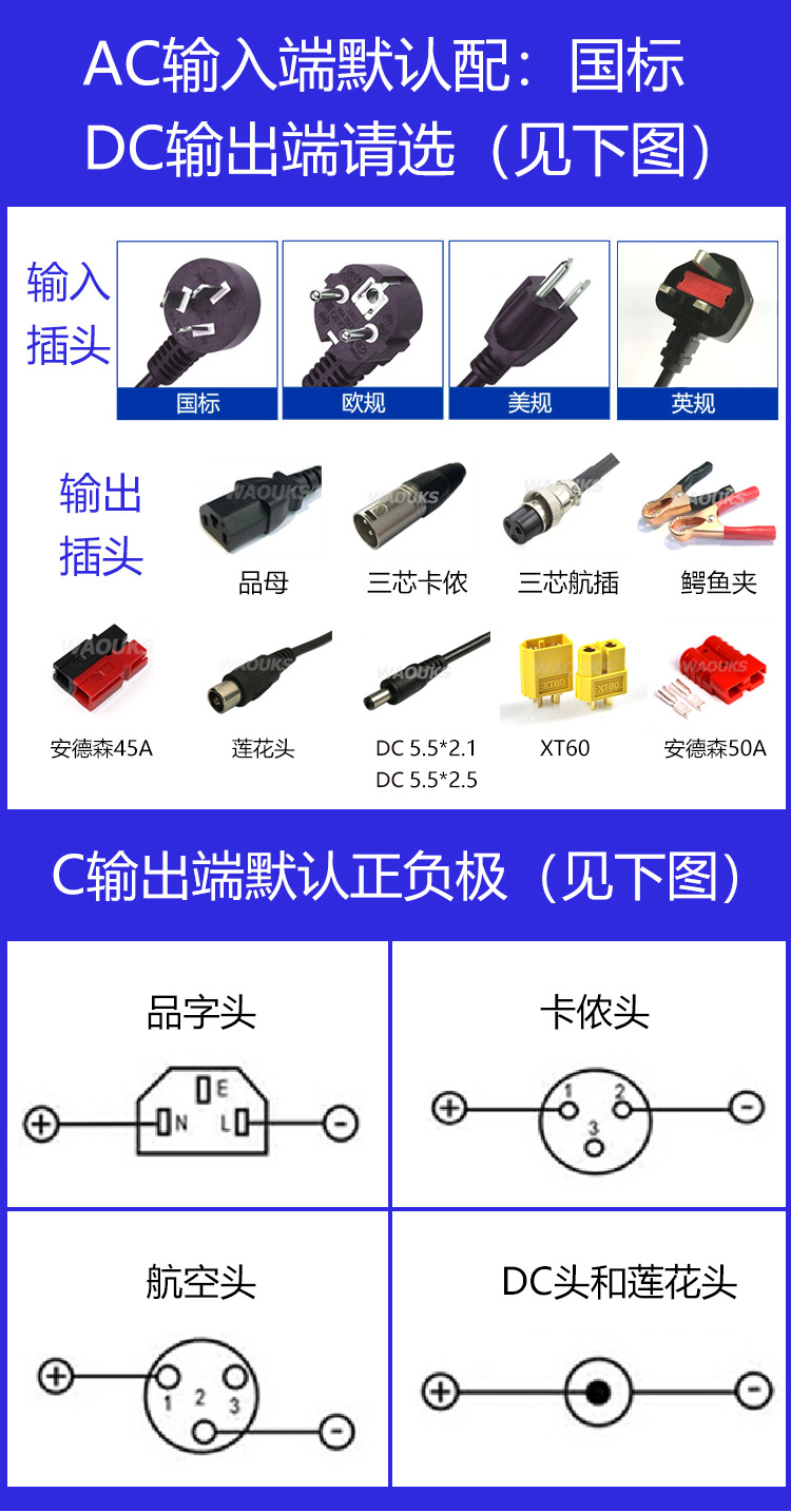 (见下图)(拍下留言即可) dc输出端默认正负极(见下图) 型号:wa360