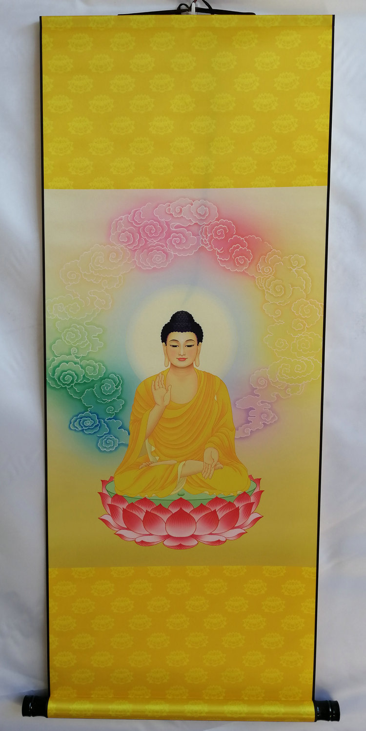 释迦牟尼佛像金色祥云释迦牟尼佛画像佛挂画丝绸卷轴画佛堂画