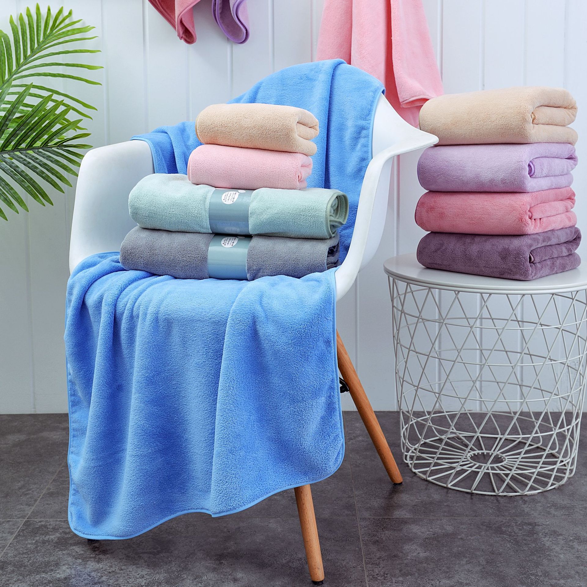 厂家批发网红珊瑚绒子母毛巾浴巾套装速干素色柔软加厚吸水套巾