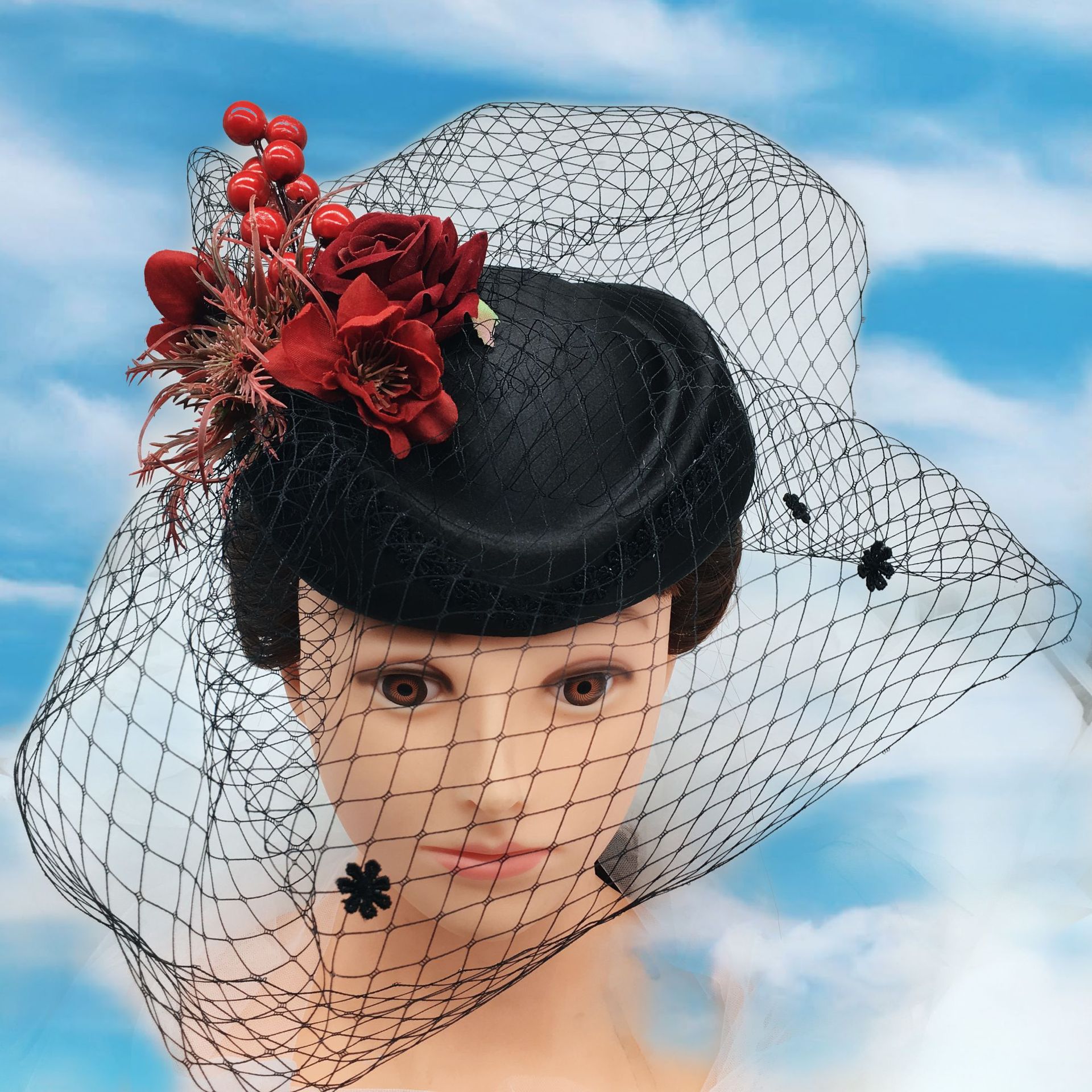 新款时尚贵族王妃黑色网纱礼帽头饰空姐网纱帽热销跨境海外亚马逊