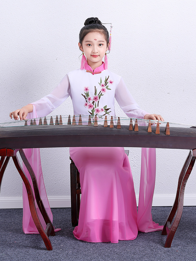 古筝演出服女童旗袍大人中国风仙女气质秋冬飘逸淡雅水袖长裙礼服